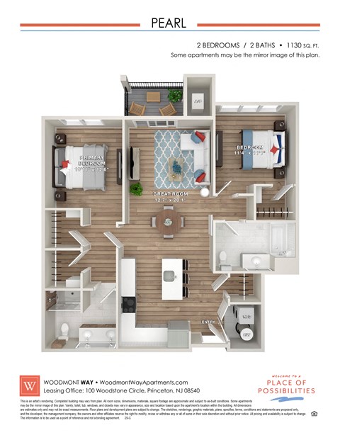 Floor plan for 2 beds, 2 baths, 1130 sqft